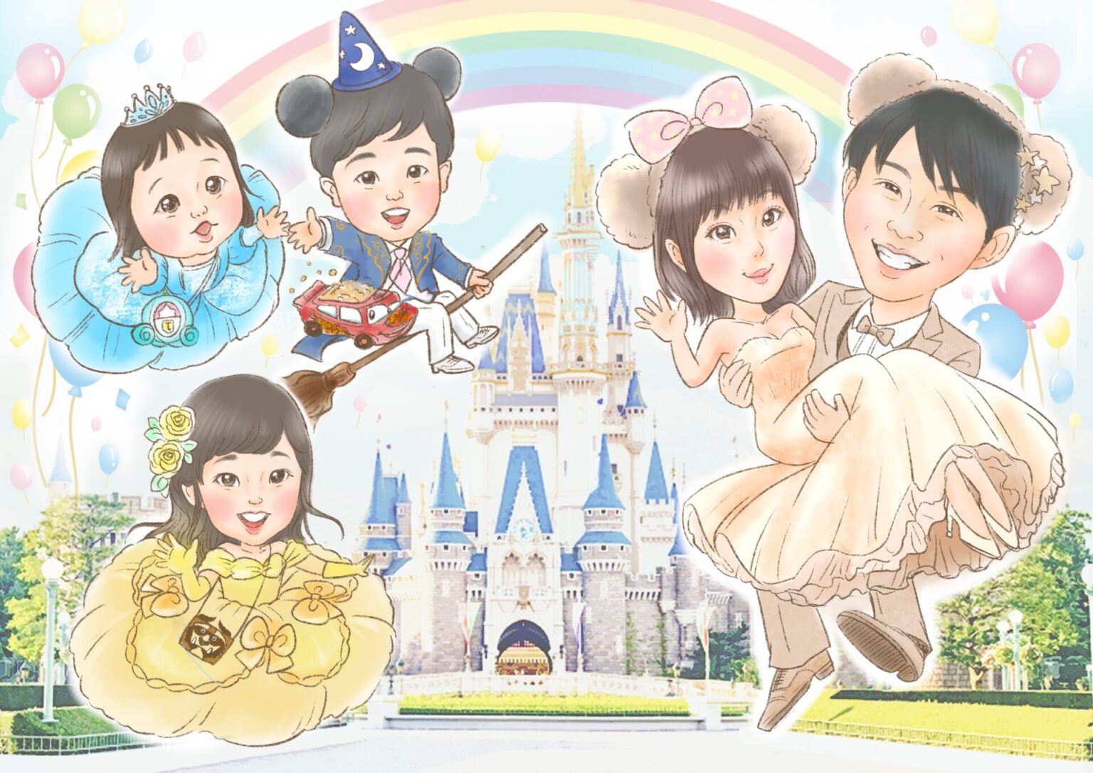 家族5人の似顔絵
